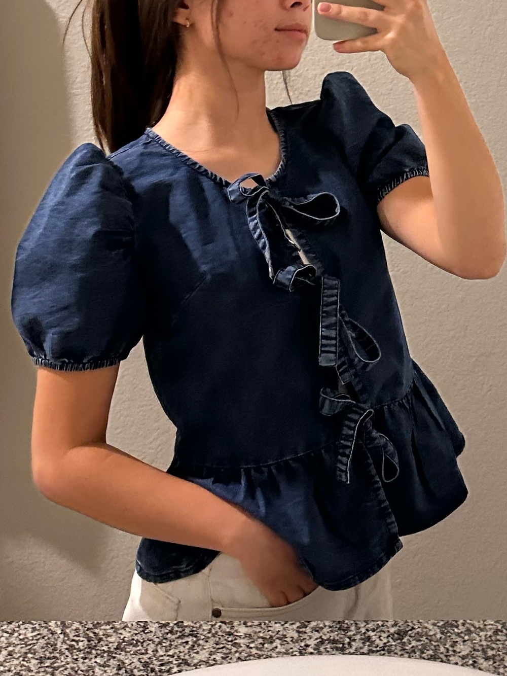 Denim Blue Puff-Sleeve Tie-Front Peplum Top